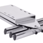 Chrome-plated hinge assembly with a rectangular mounting plate and four parallel cylindrical rods.